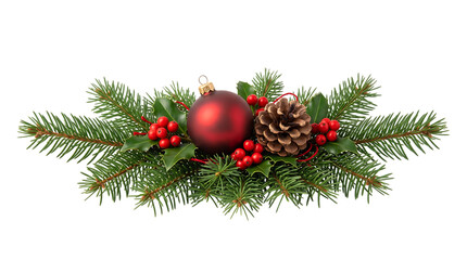 Obraz premium Christmas festive arrangement with red bauble pine cone holly leaves and fir branches on black background