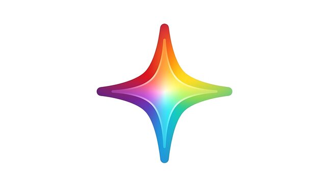 Rainbow gradient star icon, colorful four-pointed sparkle symbol, vibrant spectral light burst on white background