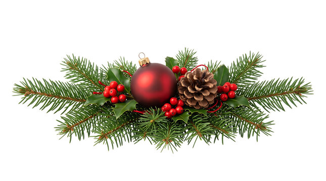 Christmas festive arrangement with red bauble pine cone holly leaves and fir branches on black background