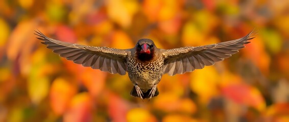 Naklejka premium Hummingbird in flight with wings spread wide against warm autumn foliage background, displaying iridescent plumage and detailed feather patterns for nature and wildlife content.