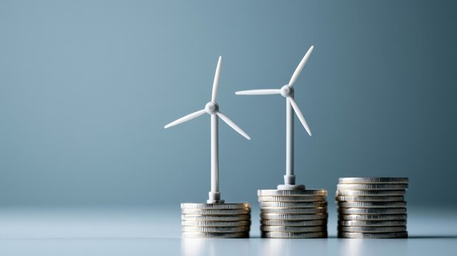 Wind turbines atop stacks of coins, symbolizing renewable energy investment and financial growth. The composition highlights the economic benefits of green technology and sustainable development.
