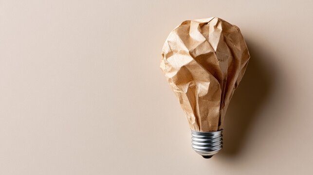 A crumpled brown paper lightbulb representing a creative idea or concept, set against a neutral background