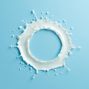 Circular milk splash frame with empty center on clean pastel blue background