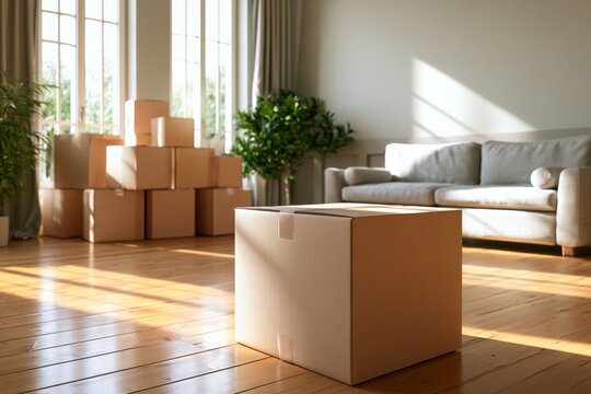 Cardboard moving box on wooden floor in bright living room with stacked packages