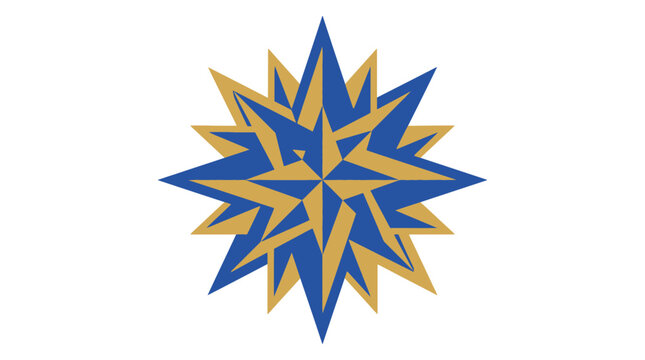 Abstract blue and gold geometric compass rose star logo isolated on white.