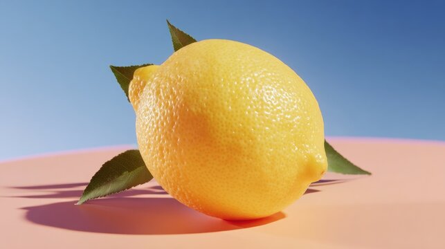 Fresh viintimate apparelnt yellow lemon with green leaves on peach surface