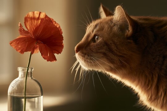 Ginger cat smelling red flower in glass bottle with warm dramatic sunlight