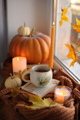Aesthetic fall mood with coffee mug, open book, and glowing candles by the window © Marharyta