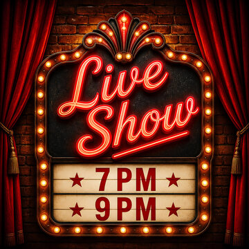 Vintage neon live show marquee sign with times