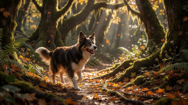 Ein Border Collie erkundet aufmerksam einen sonnigen Waldweg. Das Motiv steht f&uuml;r Naturverbundenheit, Bewegung und gemeinsame Outdoor-Aktivit&auml;ten.