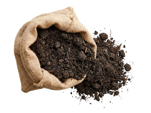Rich dark brown soil spilling out from a rustic burlap sack onto a solid dark surface