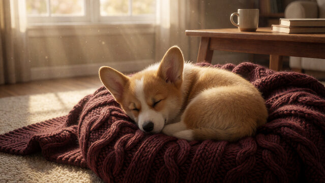 Ein Corgi-Welpe schl&auml;ft friedlich zusammengerollt auf einer weichen Decke. Das Motiv vermittelt Geborgenheit, Ruhe und niedliche Welpenmomente.