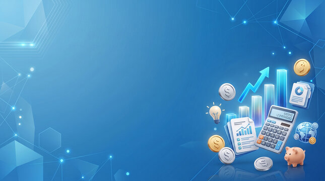 Financial literacy month banner background with 3D growth charts calculator and coins
