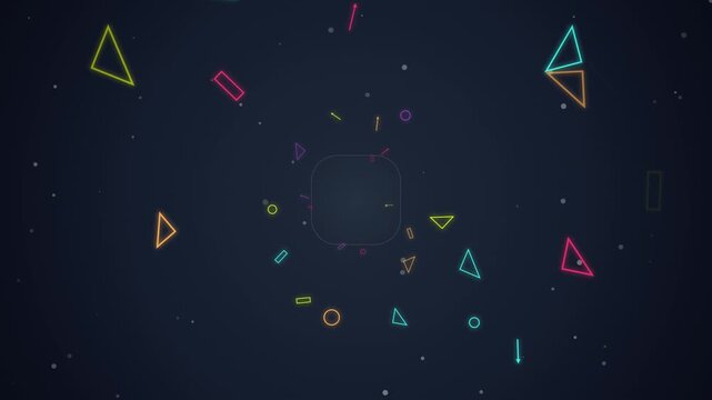 Floating neon geometric shapes background featuring