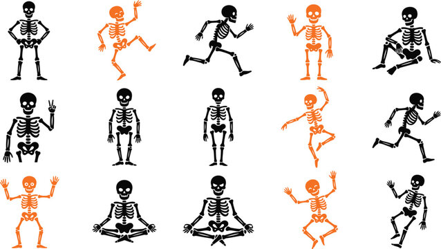 Set of diverse skeleton characters in various poses including running sitting dancing and standing isolated on a white background