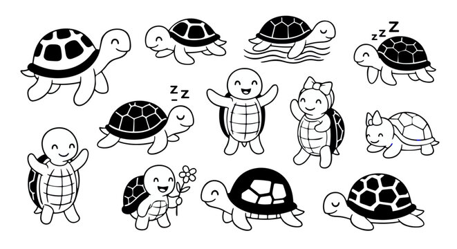 Set of cute cartoon turtle illustrations in various poses like sleeping and swimming in black and white line art style.