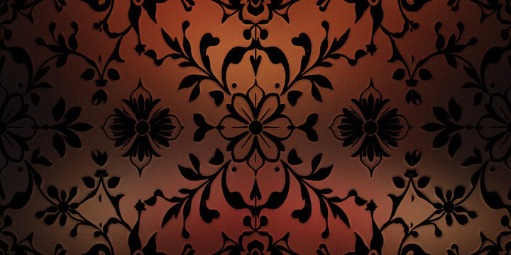 Decorative floral pattern with symmetric ornaments printed on vintage copper background.