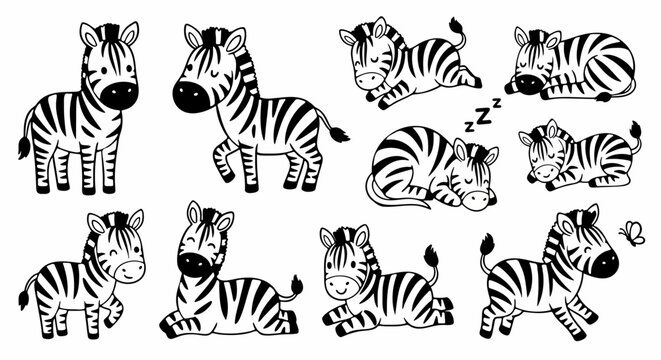 Collection of cute cartoon baby zebra illustrations in various poses for children's graphic design.