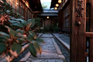 Fototapeta premium A zen courtyard walkway at dusk, paired with clean wooden architecture, lit by warm afternoon side light.