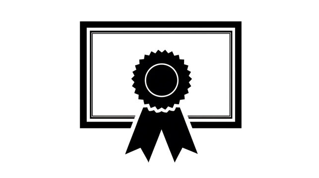 A minimalist black and white illustration of a certificate with a rosette ribbon, symbolizing achievement or award