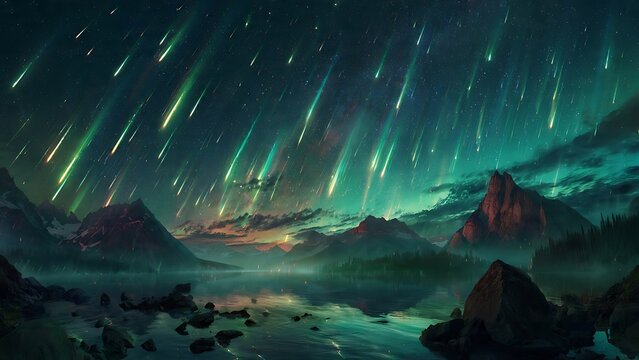 Stunning digital painting of a vibrant green meteor shower over a mystical mountain landscape at night.
