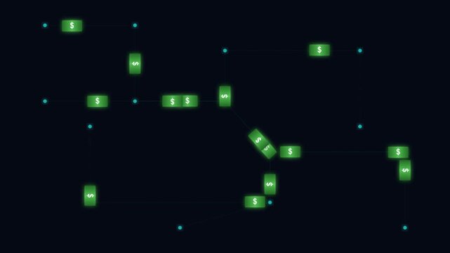 Digital green dollar bills floating on dark background