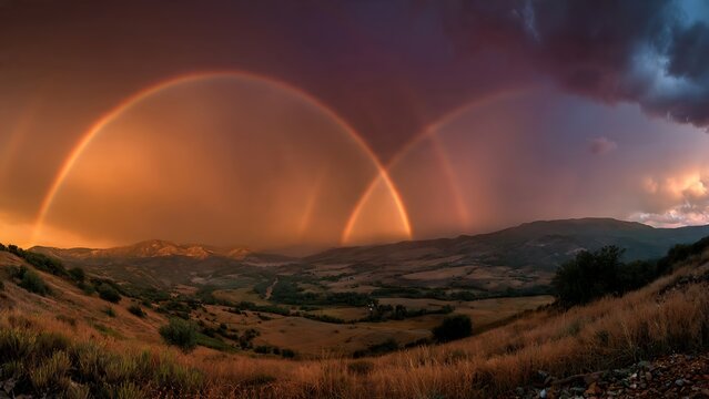 Stunning double rainbow arching over golden rolling hills at sunset.