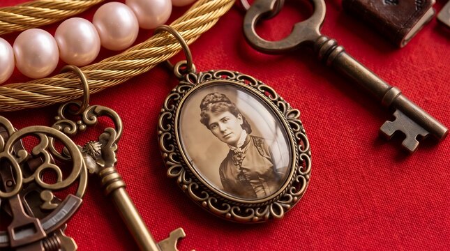 Antique locket with portrait of a woman resting on red fabric with vintage keys and pearls. Nostalgic concept of family history and memory. Heirloom jewelry as a symbol of the past.