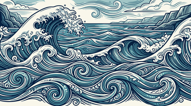 Vector illustration of ocean waves in traditional art style