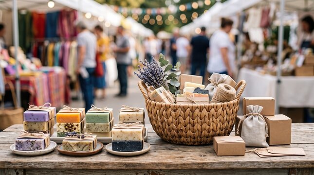 Handmade soaps and woven basket at craft market