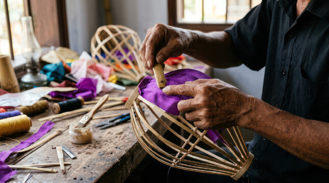 Artisan crafting a traditional lantern with bamboo and fabric.