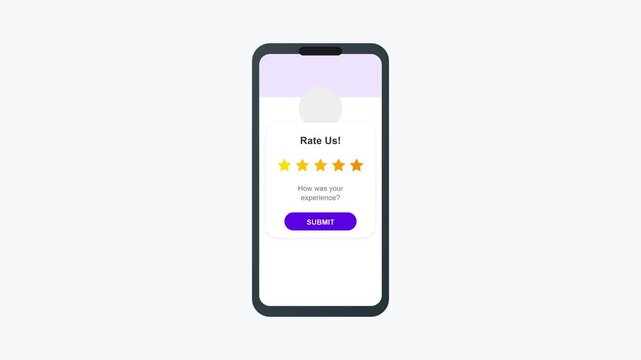 Mobile app rating animation with five stars and success icons