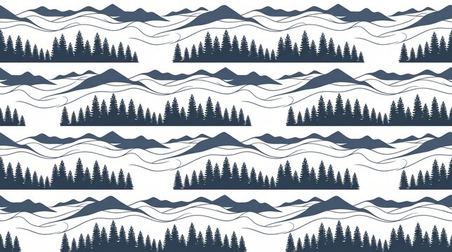 Minimalist seamless pattern with pine tree forest silhouettes and mountain landscape lines