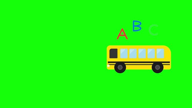 Yellow school bus moving across green screen a cartoon style driving