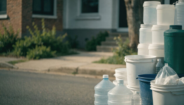 Plastic container water bottle bucket outdoor urban street empty household storage reusable plastic container and water bottle bucket outdoor urban street empty household storage reusable