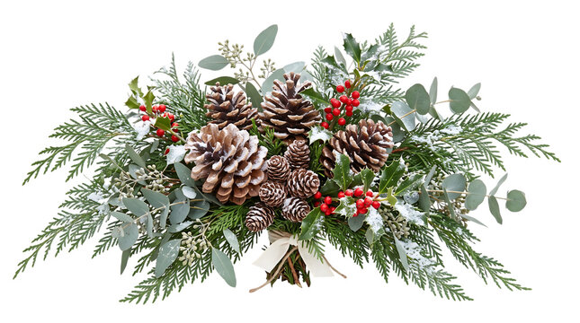 Festive christmas floral arrangement with pine cones holly berries and evergreen branches isolated on black background