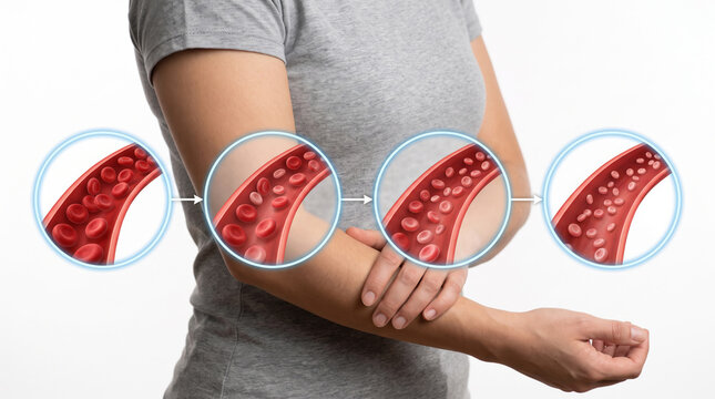 Peripheral Artery Disease Atherosclerosis Artery Blockage Peripheral Vascular Disease, Medical illustration showing progressive arterial plaque buildup reducing blood flow