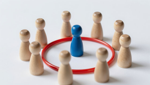 Blue Wooden Peg Figure in Red Ring &ndash; Surrounded by Unpainted Figures for Personal Space, Setting Boundaries, Isolation from Society, Individuality, Healthy Personal Limits