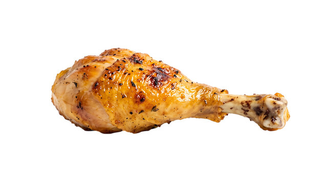 A single roasted chicken drumstick seasoned with black pepper isolated on a clean white background