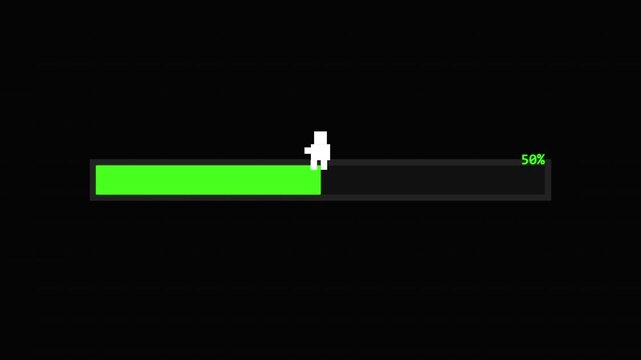 Pixel character walking along a green progress bar on black background