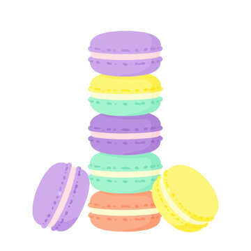 Colorful stack of French macarons in pastel shades of purple, yellow, mint green and peach on a plain white background, delicious sweet dessert treats for bakery and confectionery concept