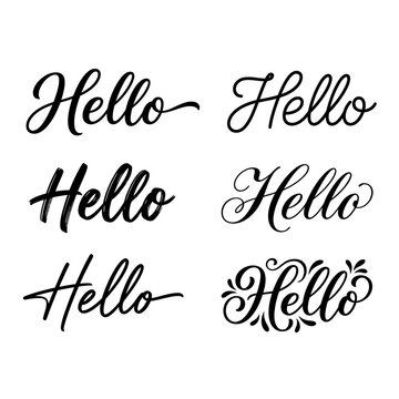 Six elegant handwritten 'Hello' script variations on a clean white background