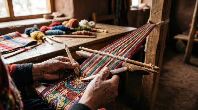 Artisan hands weaving colorful threads on a traditional loom 1.