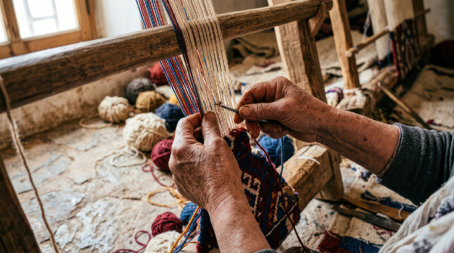 Artisan hands weaving intricate patterns on a traditional loom.