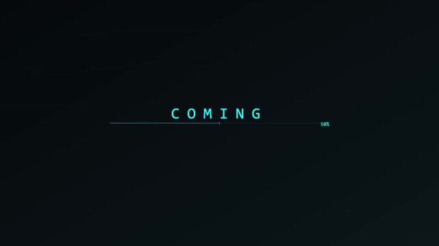 Digital glitch coming soon text animation on dark screen