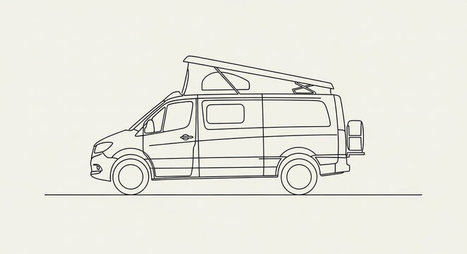 Detailed line drawing showcases a versatile camper van with a raised pop-top roof, hinting at adventure and outdoor exploration for travel enthusiasts seeking freedom and mobility across diverse