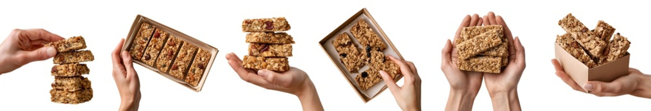 Set of hand holding pile stack of muesli Granola bars, portable convenient snack with oats nuts seeds fruit sweetener, takeout cardbox, transparent cutout PNG Mockup