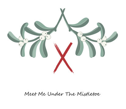 Mistletoe branches with Gebo rune drawing, love viking symbol. Isolated vector illustration.