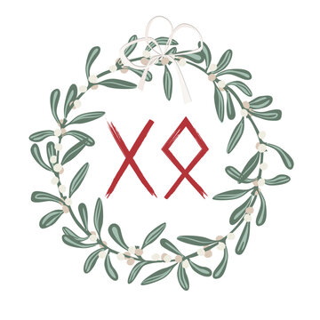 Mistletoe wreath with Gebo and Othala rune symbols drawing, love and family viking symbol. Isolated vector illustration
