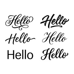 Six handwritten calligraphy styles of 'Hello' word in black ink on white background © Bushra